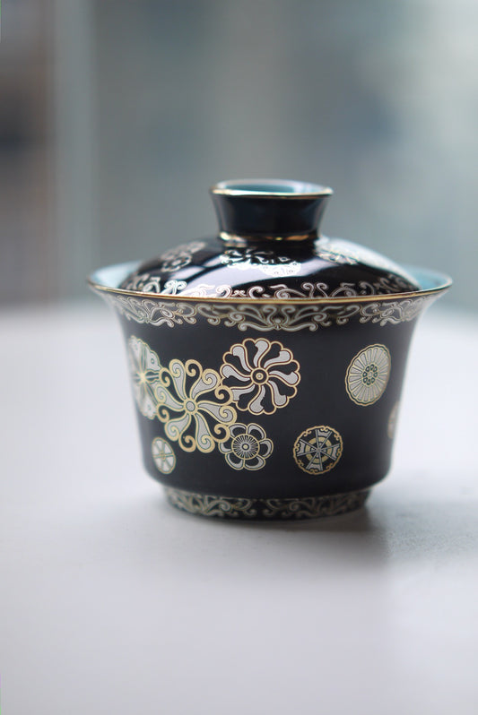 Black Porcelain Gaiwan With Gold Silver Traditional Chines Patterns|Best Ceraimcs