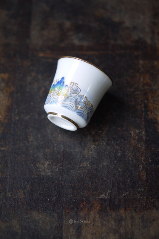 Dehua Jade Porcelain Landscape Painting with Copper Top of the Rims Gongfu Teacup|Best Ceramics