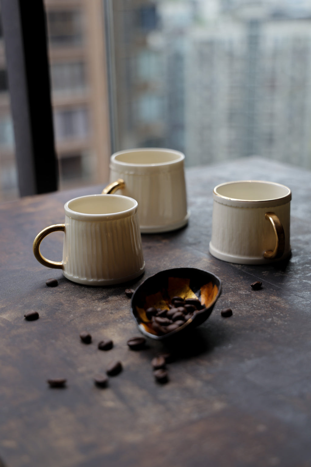 BestCeramics-Handmade Textured Golden Stitch Porcelain Ivory Wabi-Sabi Coffee Cup