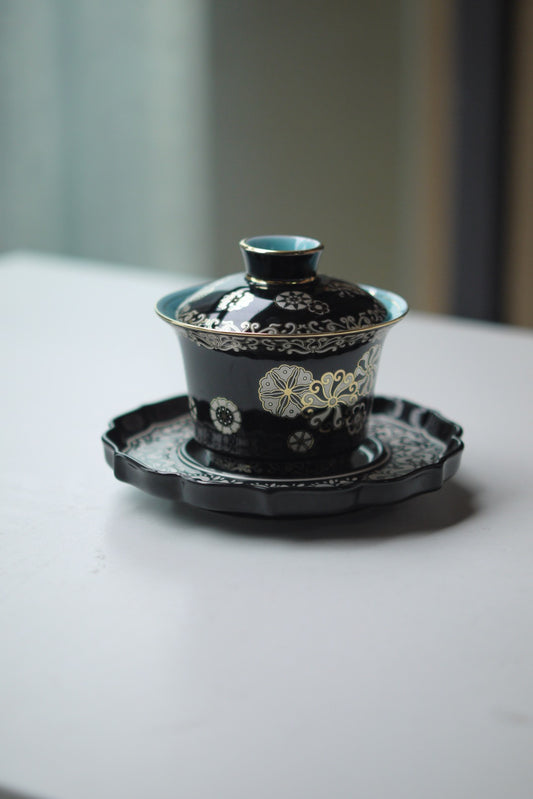 Black Porcelain Gaiwan With Gold Silver Traditional Chines Patterns|Best Ceraimcs