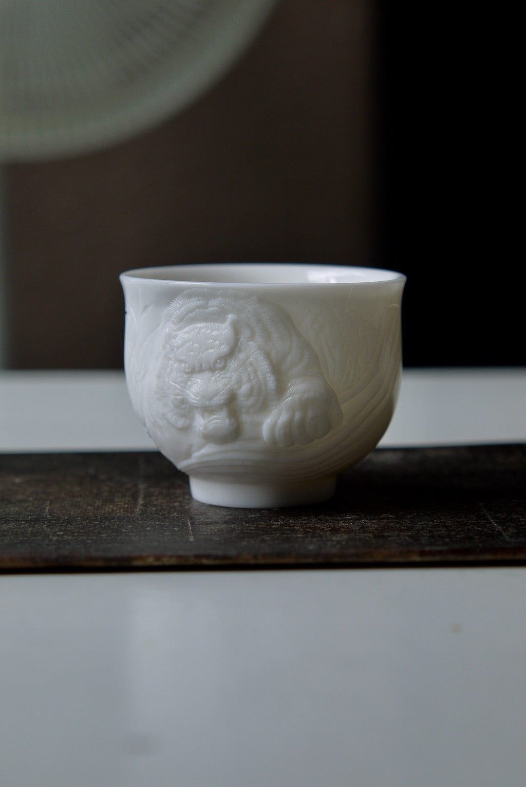 Dehua Jade White Porcelain Hand-Carved Tiger Blanc De Chine Teacup-Best Ceramics