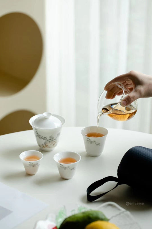 Hand-Painted Pine and Stone Tea Set