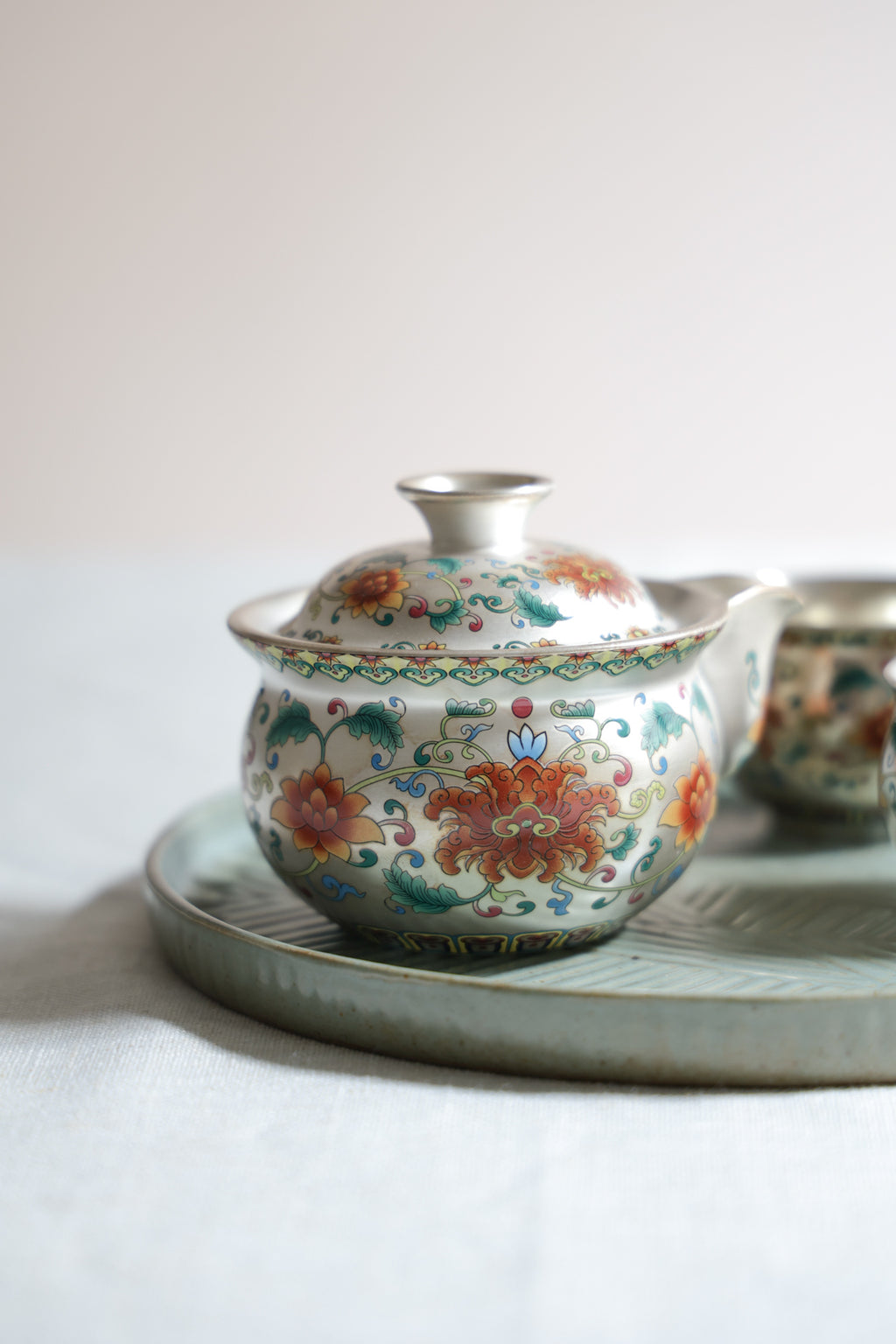 Hand-Painted Silver & Floral Teaset