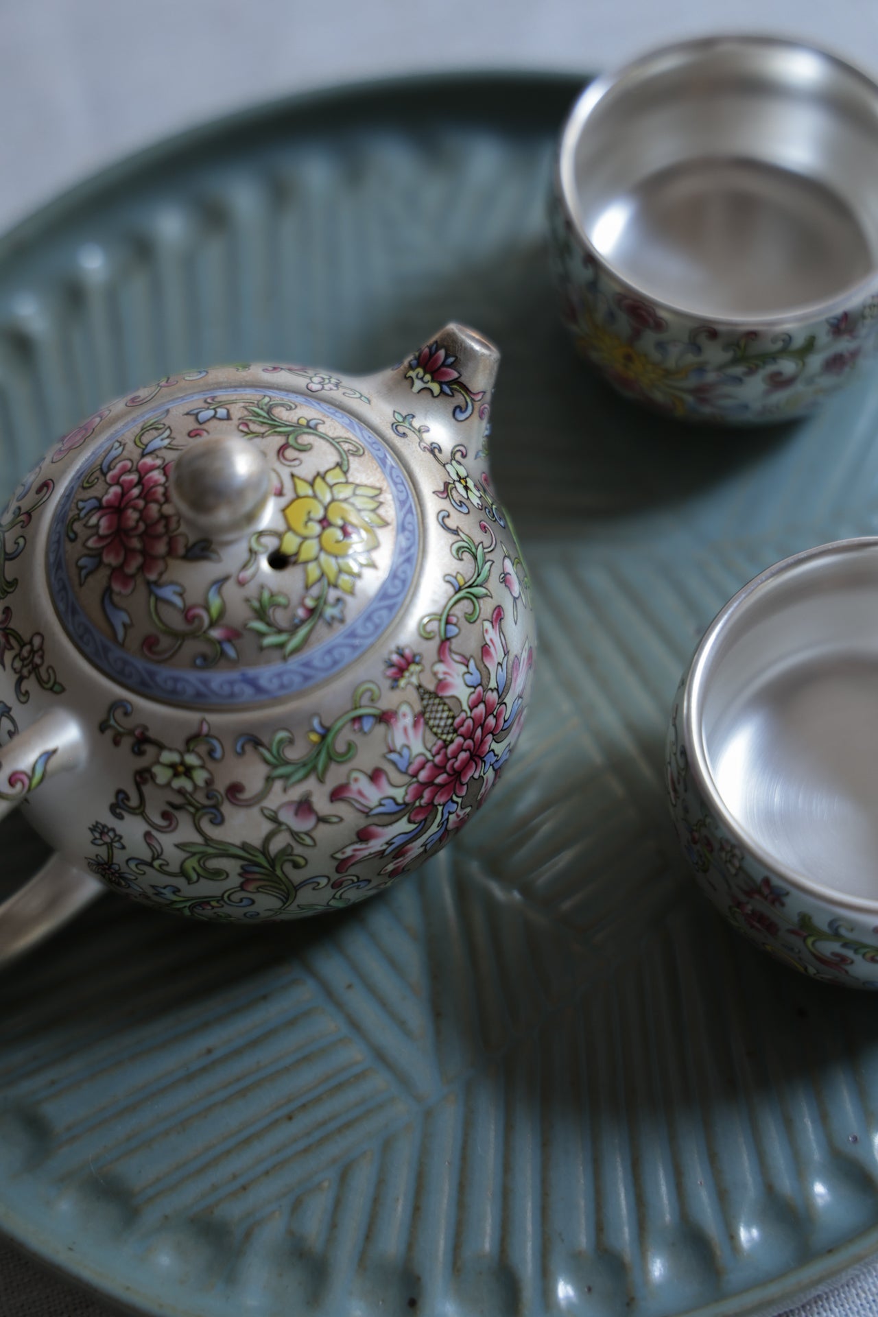 Hand-Painted Silver & Floral Teaset