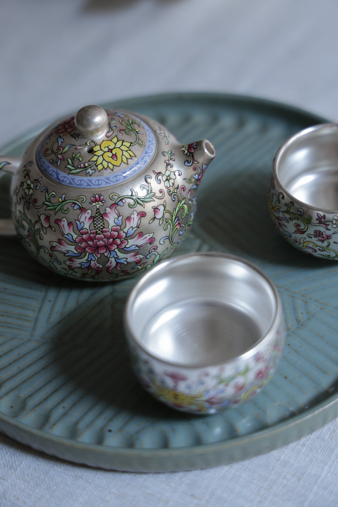 Hand-Painted Silver & Floral Teaset