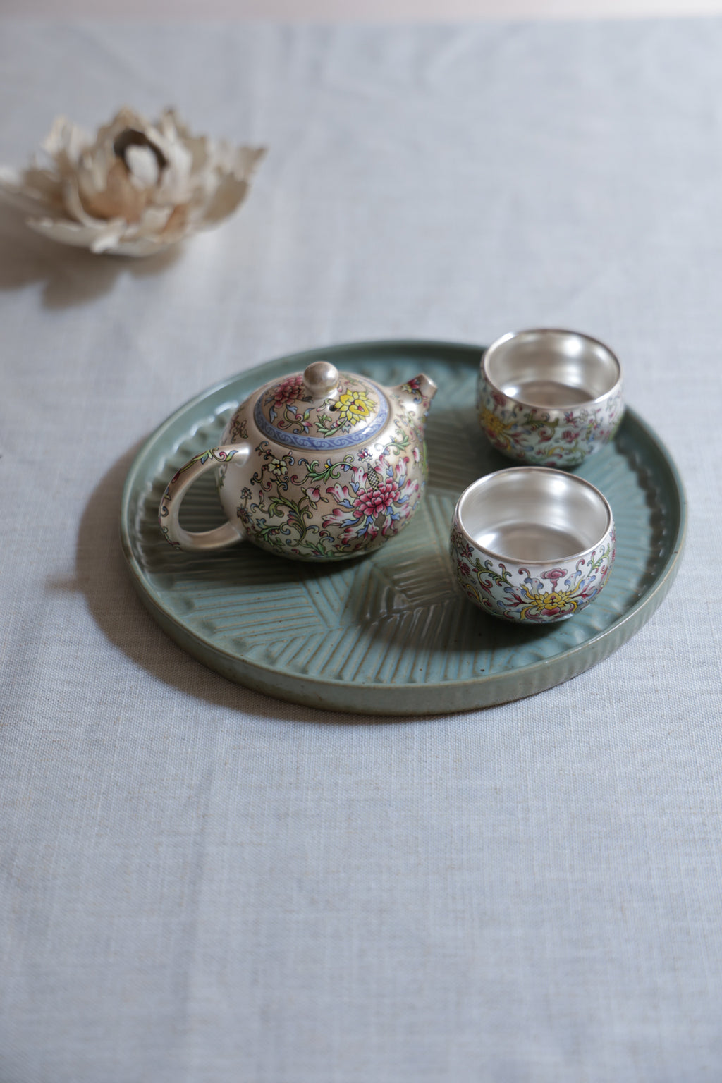 Hand-Painted Silver & Floral Teaset
