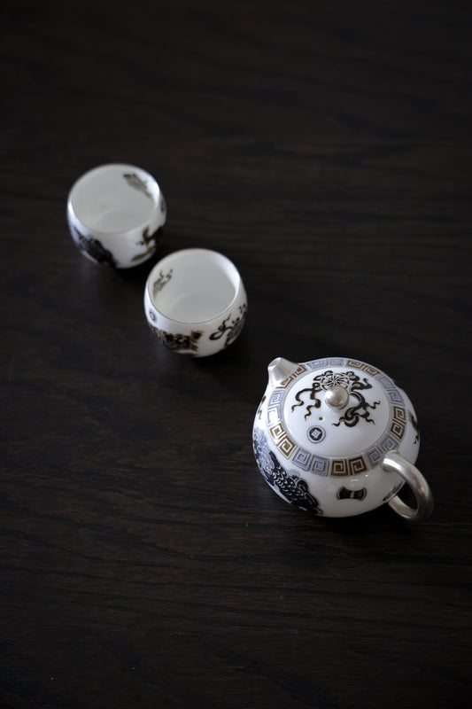 Hand-Painted Mythical Beast Tea Set Silver Accents Pearl Knob |Best Ceramics