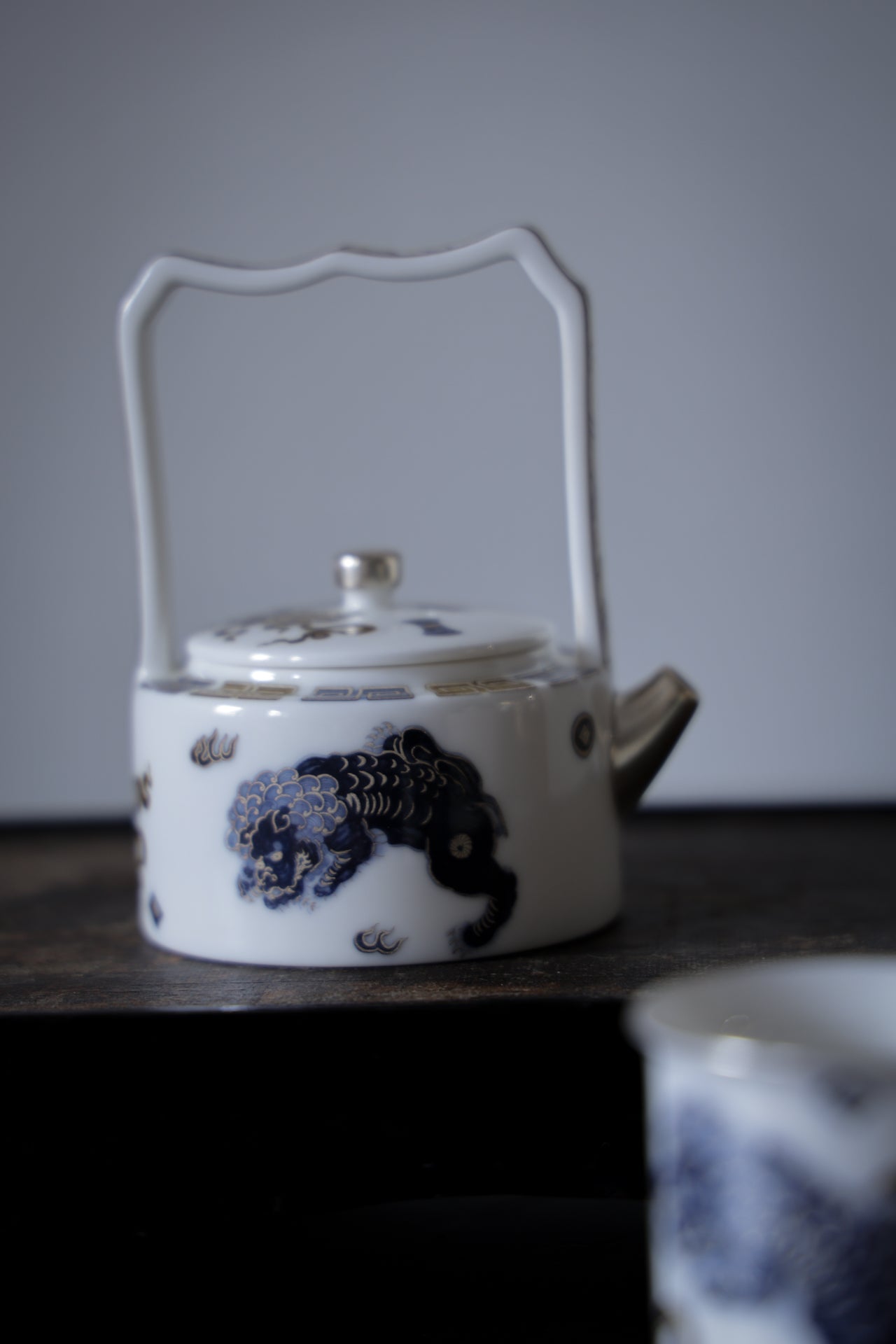 Ti Liang Overhead Handle Teapot Blue Gold Guardian Lion Motif|Best Ceramics