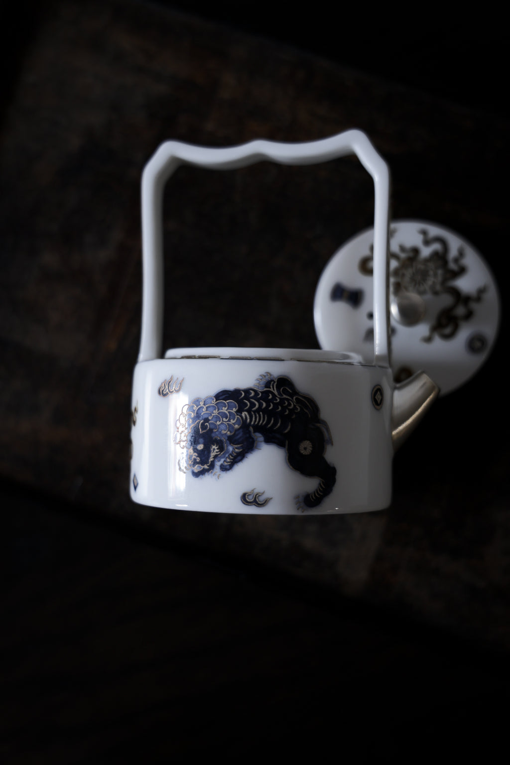 Ti Liang Overhead Handle Teapot Blue Gold Guardian Lion Motif|Best Ceramics