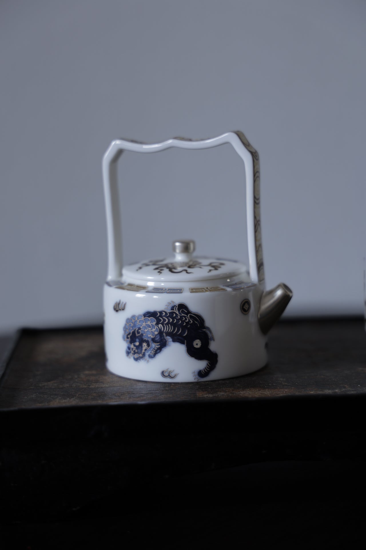 Ti Liang Overhead Handle Teapot Blue Gold Guardian Lion Motif|Best Ceramics