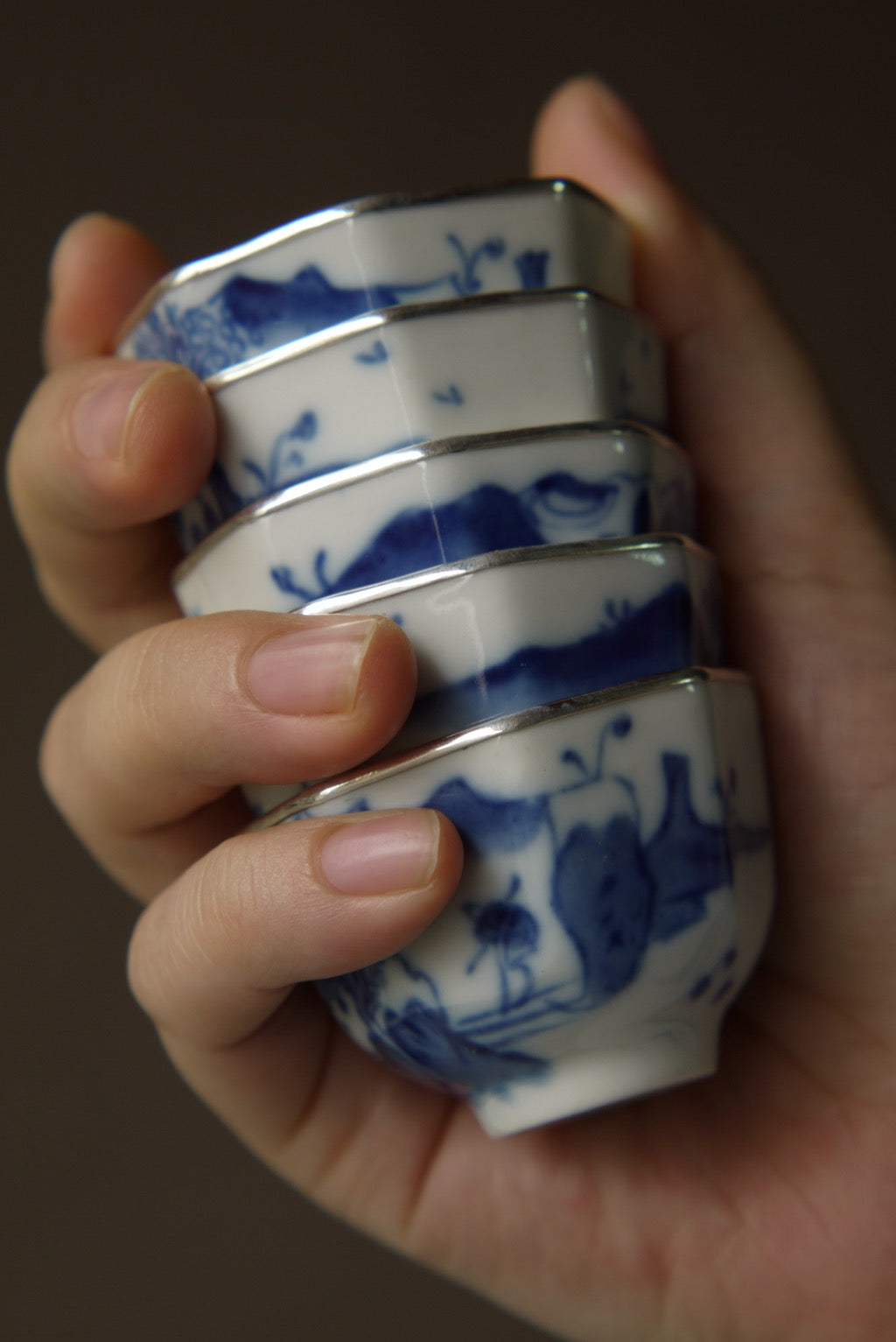 Vintage Blue and White Hand-Painting Silver on the top of rims Teacup Bestceramics